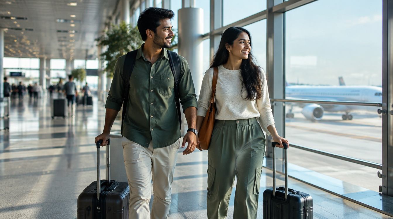 Couple with suitcases walking through an airport terminal