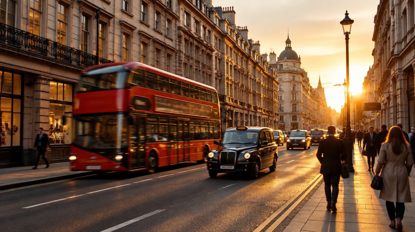 Central London street at sunset with a red bus and black cab